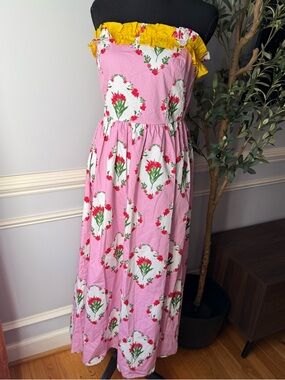 Sugarlips Strapless Floral Midi Dress Pink Yellow Ruffle NWT Size L Cottagecore